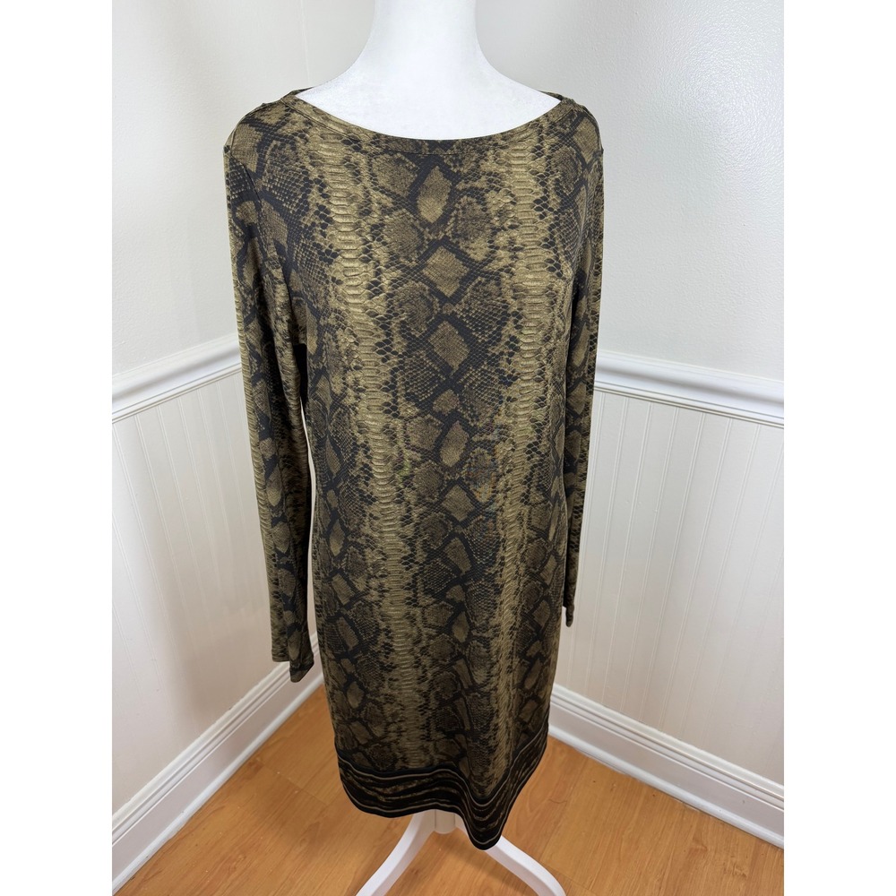 Michael Kors Sheath Dress Women Medium Olive Green Snakeskin Long Sleeve Stretch